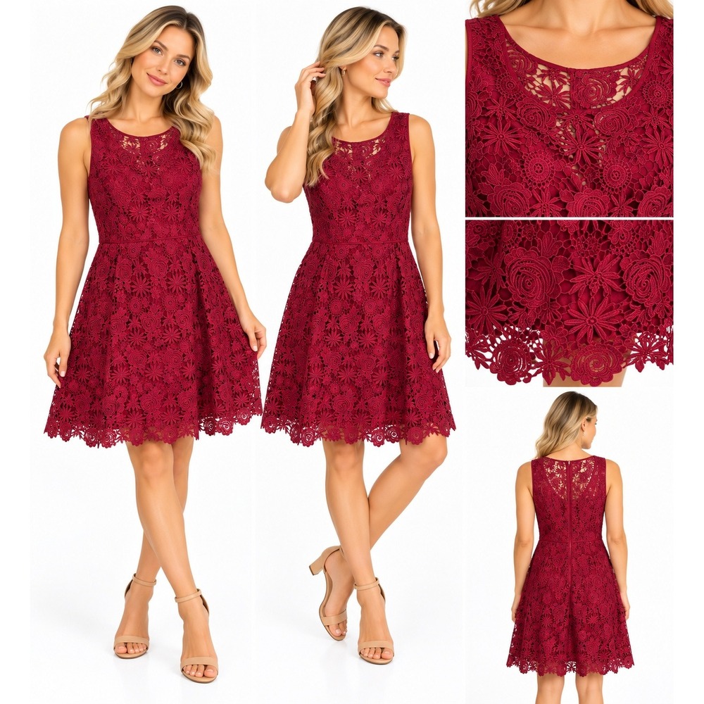 White House Black Market 8 Red Floral Lace Fit Flare Cocktail Wedding Guest